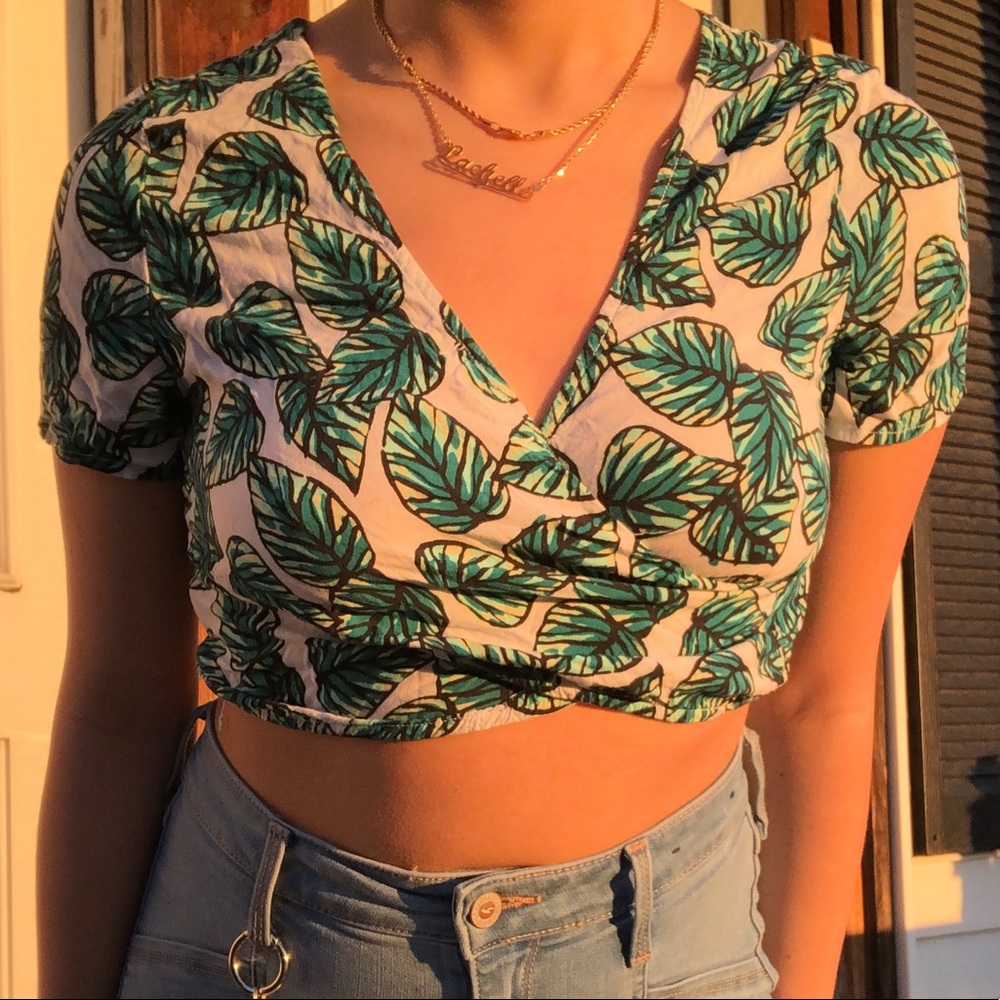 Leaf Print Surplice Wrap Crop Top
